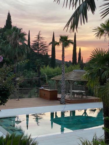 a villa with a swimming pool and a palm tree at Tropicana Lodge - Sardaigne in Roquebrune-sur-Argens
