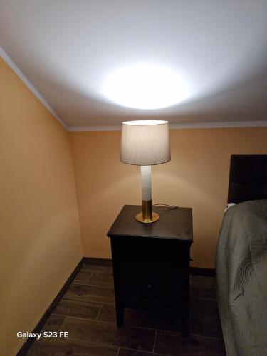a lamp on a night stand next to a bed at Kaszuby Punkt Klonowo Przywidz sauna klima basen in Przywidz