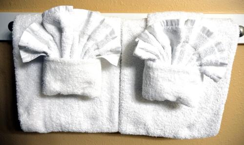 Deux serviettes sont suspendues sur un mur dans l'établissement Long Beach T4-1004 'Emerald Retreat', à Panama City Beach