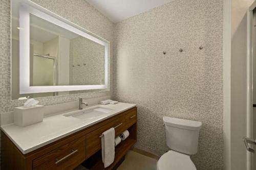 a bathroom with a sink and a toilet and a mirror at Home2 Suites By Hilton Baytown in Baytown