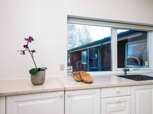 a kitchen with a sink and a vase with a flower at 10 person holiday home in Juelsminde-By Traum in Juelsminde