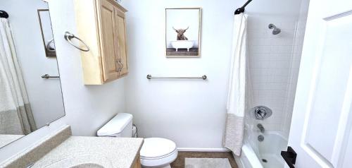 a white bathroom with a toilet and a shower at Paddleboards, Air Hockey, Grill, Fire Pit, WD, Brkfst, Sleeps 10, upper in Page