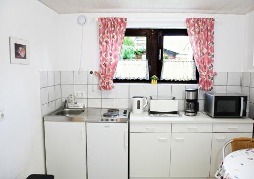 a small kitchen with a sink and a microwave at Ferienwohnung Christa Rohde in Bad Münder am Deister