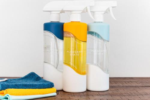four bottles of detergent and a pile of towels at Anderlaine at Wootha in Booroobin