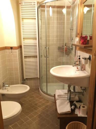 a bathroom with a shower and a sink and a toilet at Maison Colombot in Aosta