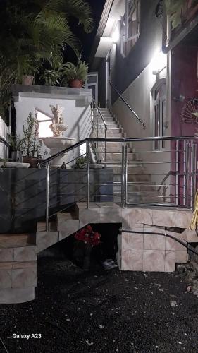 a set of stairs in front of a house at night at Angel's Appt in Rivière Noire