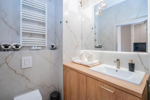 un baño con lavabo y espejo en Bulwary nad Odrą Apartments z widokiem na rzekę Odrę i prywatnym miejscem parkingowym, en Szczecin