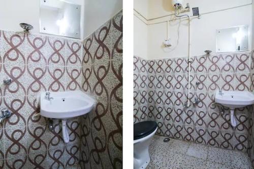 two pictures of a bathroom with a sink and a toilet at Xavier's guesthouse Wi-Fi and Villa in Colva