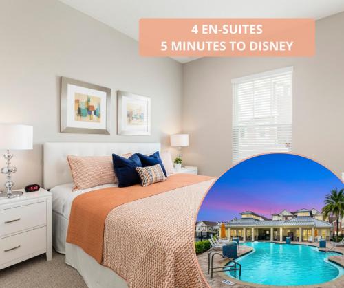 a bedroom with a bed and a swimming pool at Summerville Vacation Resort in Orlando