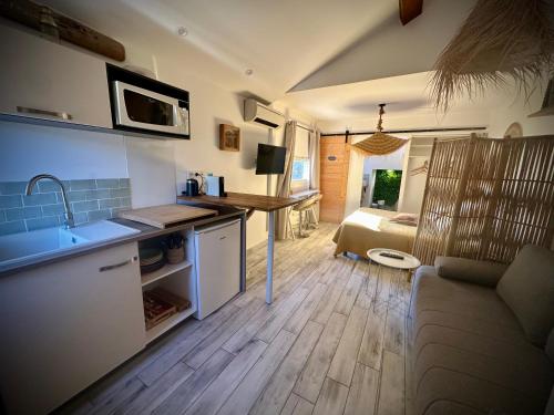 a kitchen and living room with a sink and a couch at Hôtel Auberge Provençale in Saint-Raphaël