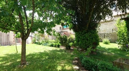 a yard with two trees and a building at Vieille France in Saint-Florentin