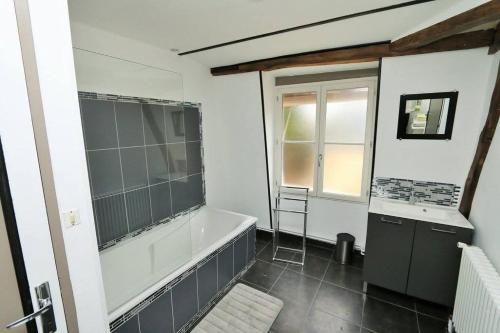 a bathroom with a bath tub and a window at Vieille France in Saint-Florentin