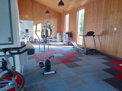 a gym with exercise equipment in a wooden room at Centrul 3H in Sub Piatra