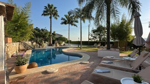 a swimming pool with two lounge chairs and palm trees at Bed & Breakfast Casa del Palta in Canillas de Albaida