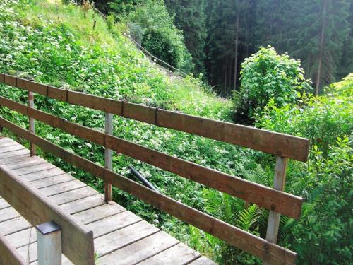 a wooden boardwalk leading down a hill with bushes at Holiday Home with Garden in Altenfeld
