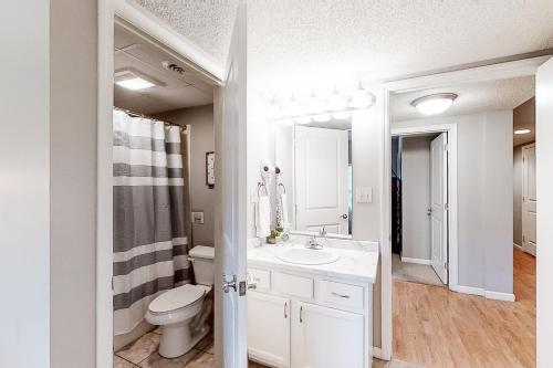 a bathroom with a sink and a toilet and a mirror at Cedar Lodge #503 in Pigeon Forge