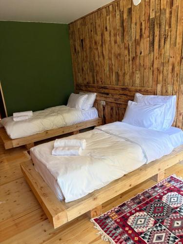 two twin beds in a room with wooden walls at ECHIVITI Cottages in Abastumani in Abastumani