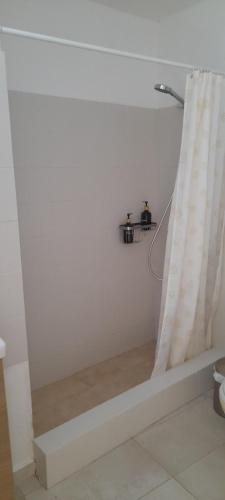 a bathroom with a shower with a curtain and a toilet at Cosy guest house with private yard in Saronida
