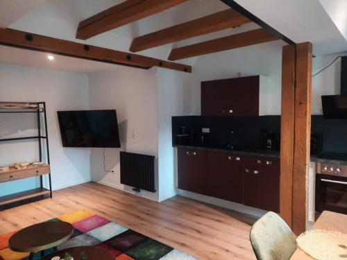 a living room with a flat screen tv on the wall at FeWo A 6 J 22 Michelangelo NETFLIX Fußgängerzone in Eisenach