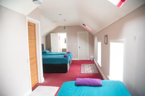a room with two blue beds and a red carpet at Carrick Central Accommodation in Carrick on Shannon