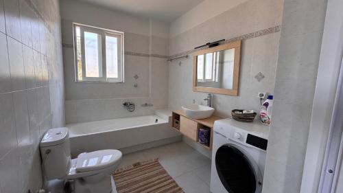 a bathroom with a toilet and a sink and a washing machine at Kochýli in Néa Koróni