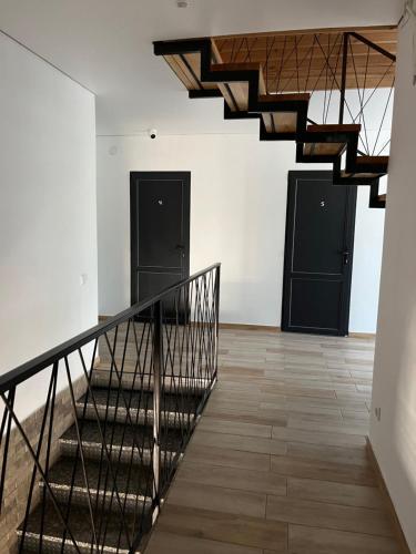 a staircase in a room with two black doors at Дача in Kryvyi Rih