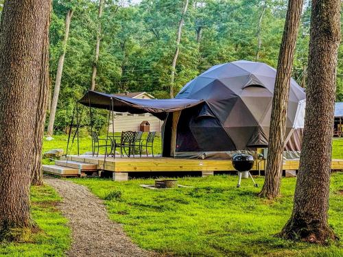 a tent in the middle of a field with trees at KOA Catskill Mountains Dome 2 in Gilboa