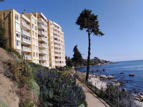 a building on the side of a beach with a tree at Departamento frente al mar, con piscinas y vista panorámica in Puchuncaví