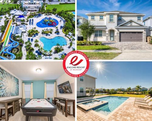 a collage of photos of a house and a pool at Chic Home With Private Pool, Game Room And Waterpark & Resort Access Near Disney At Encore Resorts Reunion - 320Au in Kissimmee
