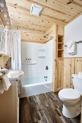 a bathroom with a toilet and a tub and a sink at Misty Mountain Lodge in Estes Park