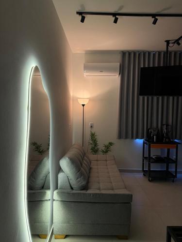a living room with a couch and a tv at Studio lnhô Tim in Brumadinho