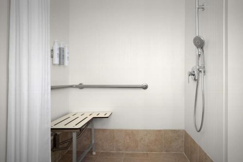 a shower stall with a bench in a bathroom at Spark by Hilton Tampa Brandon in Tampa