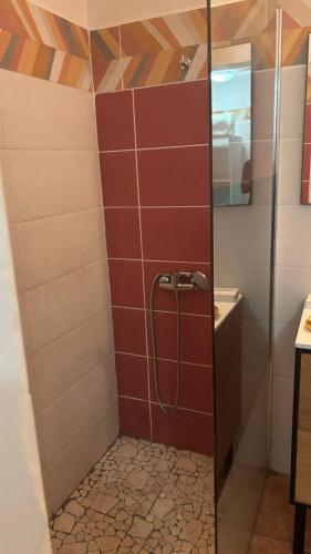 a shower with a glass door in a bathroom at Douce Evasion in Bouillante