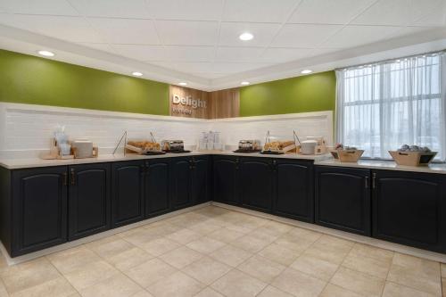 a kitchen with black cabinets and green walls at Spark By Hilton Rochester University Area in Rochester