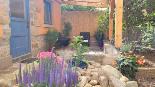 a garden with flowers and rocks and a blue door at Gemütliches Studio in Dresden-zentrumsnah in Dresden
