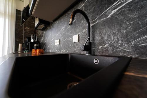 a kitchen sink with a black counter top at Wonderful Apartment with 2 bedrooms and pool and parking in Vienna