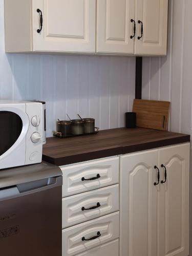 a kitchen with white cabinets and a white microwave at Go Карпати in Verkhovyna