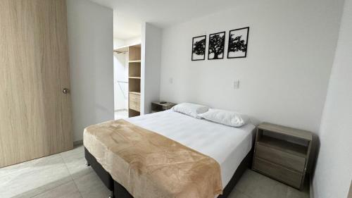 亚美尼亚Spacious apartment in the North on Av 19 Norte的白色卧室配有一张床,墙上挂有两张照片