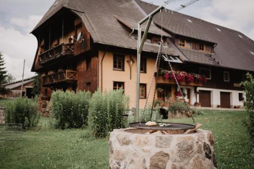 a house with a swing in front of a yard at Luxuriöse Schwarzwald Loft Heustock mit Sauna und Whirlpool am Griesbachhof in Titisee-Neustadt