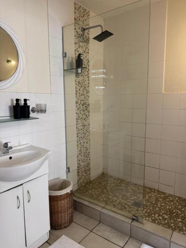 a bathroom with a shower and a sink at Rivonia Garden Suites in Johannesburg