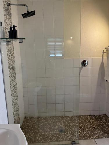 a bathroom with a shower and a sink at Rivonia Garden Suites in Johannesburg