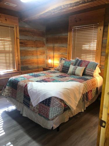 a bedroom with a bed in a log cabin at Lookout Mtn cabin with a view in Rising Fawn