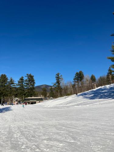 a snow covered slope with trees and a building at Modern North Conway Getaway in Conway