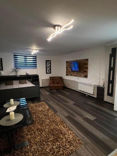 a living room with a couch and a tv at Diamona Lux Apartman 1 in Donja Toponica