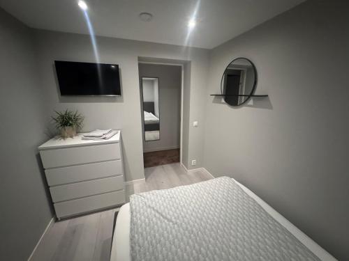a bedroom with a bed and a dresser and a mirror at Borre in Horten