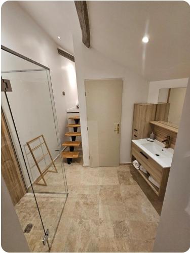 a bathroom with a sink and a glass shower at L'appartement Tranquille in Maincy