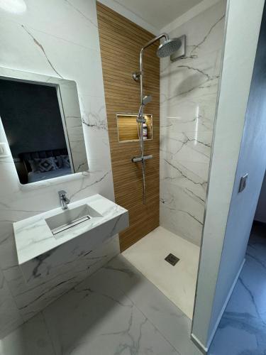 a bathroom with a sink and a shower at Marshall property in Tangier
