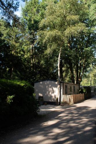 a small house in the middle of a road at 't Veluws Nest - Knus Chalet Veluwe - Hoenderloo, Honden welkom in Hoenderloo