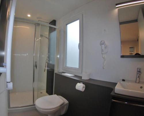 a bathroom with a toilet and a shower and a sink at Schwimmbad Camping Mössler in Döbriach