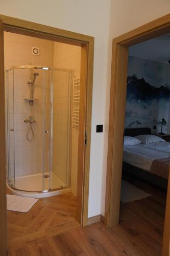 a bathroom with a shower and a bed at Tatrini in Białka Tatrzanska